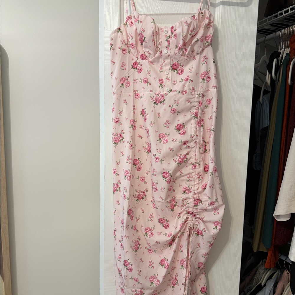 SHEIN Pink Floral Strapless Ruched Maxi Dress